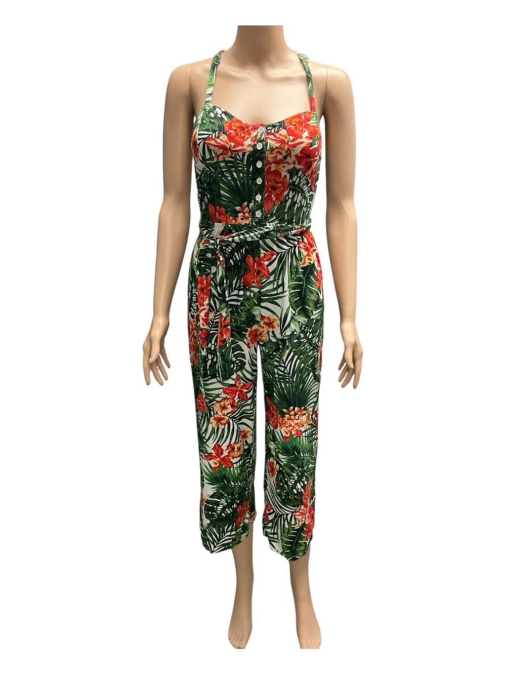 No Boundaries - EC - Green and Red Tropical Print Strappy Jumpsuit